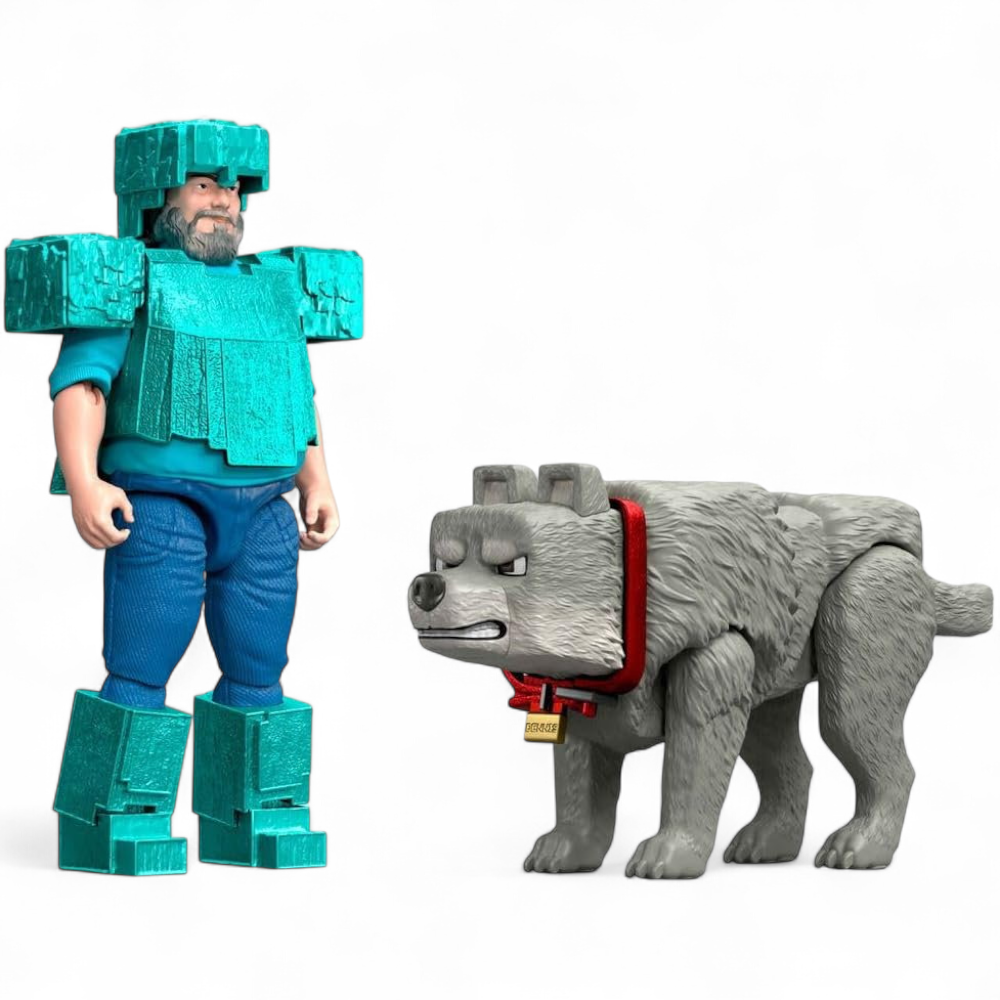 Minecraft Movie - Steve in Diamond Armor & Man's Best Wolf Dennis