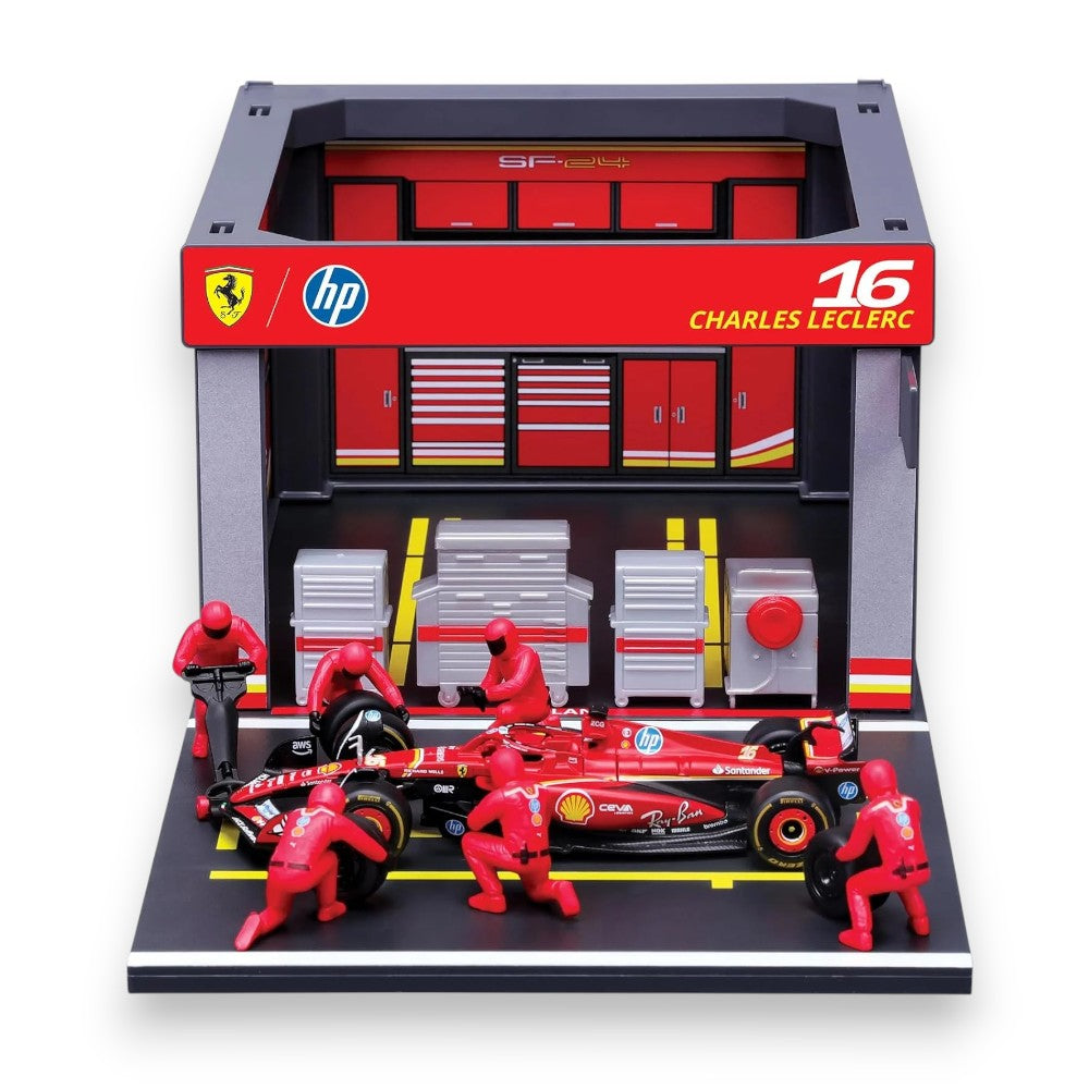 F1 Diorama Garage Pit Stop & Ferrari SF-24 2024 #16 Charles Lecrerc 1/43