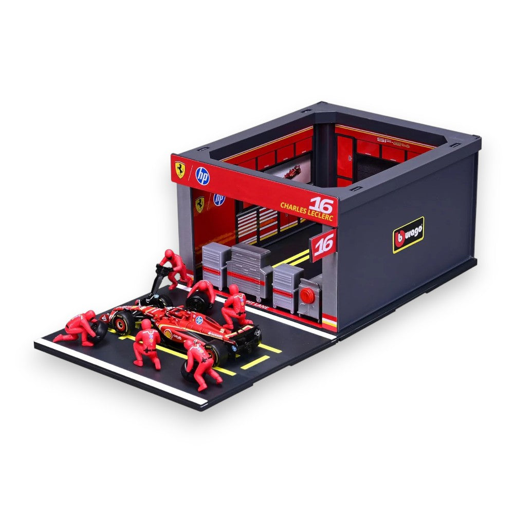 F1 Diorama Garage Pit Stop & Ferrari SF-24 2024 #16 Charles Lecrerc 1/43