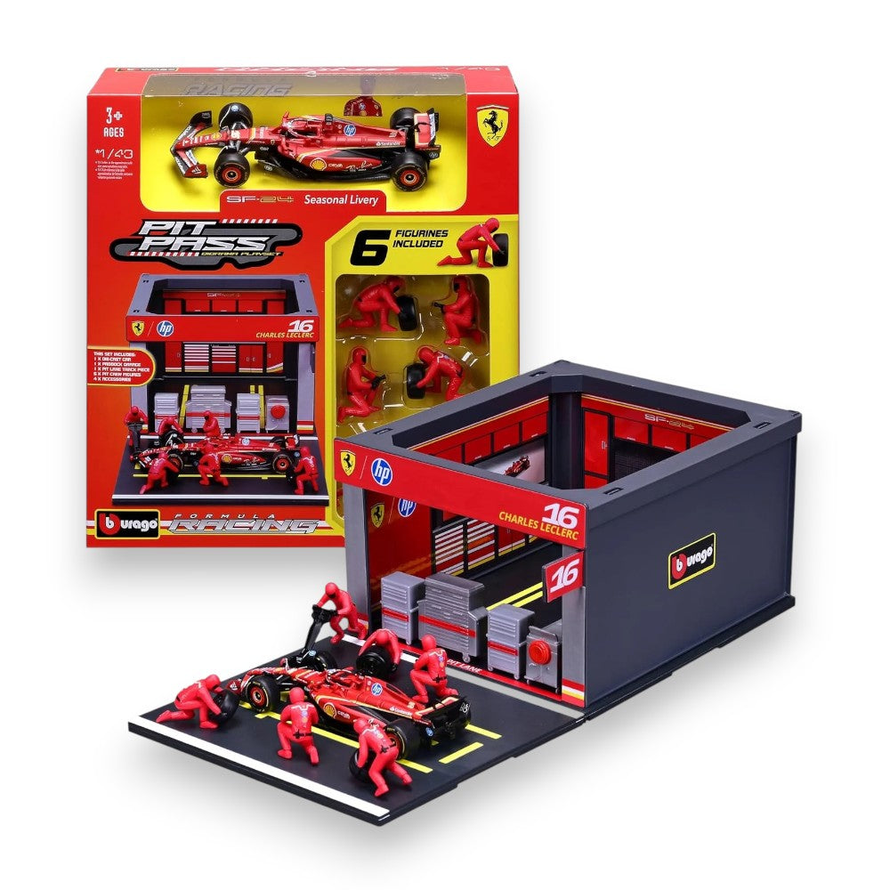 F1 Diorama Garage Pit Stop & Ferrari SF-24 2024 #16 Charles Lecrerc 1/43