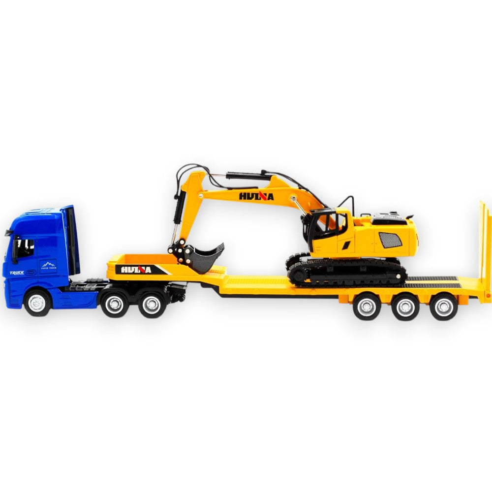 Flat Trailer Excavator Azul 1/50