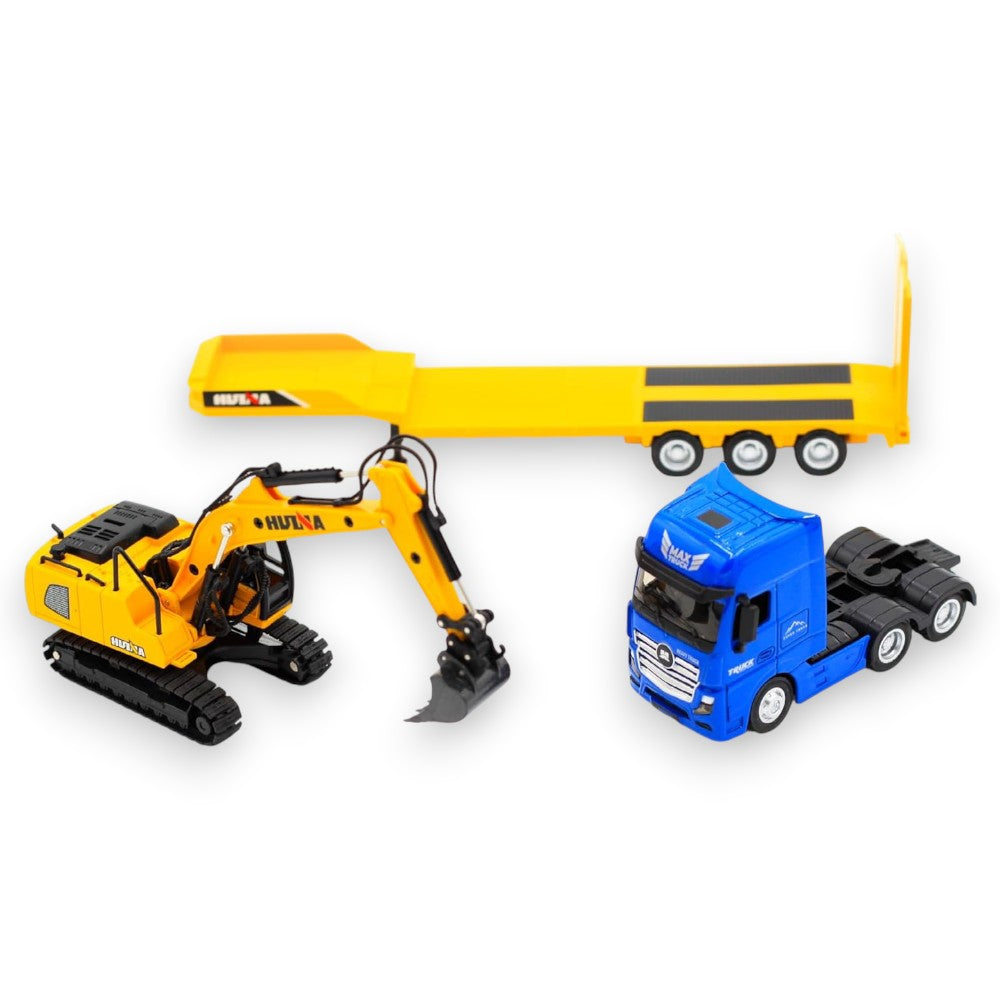 Flat Trailer Excavator Azul 1/50