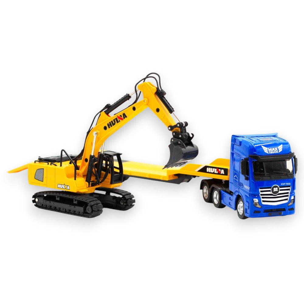 Flat Trailer Excavator Azul 1/50