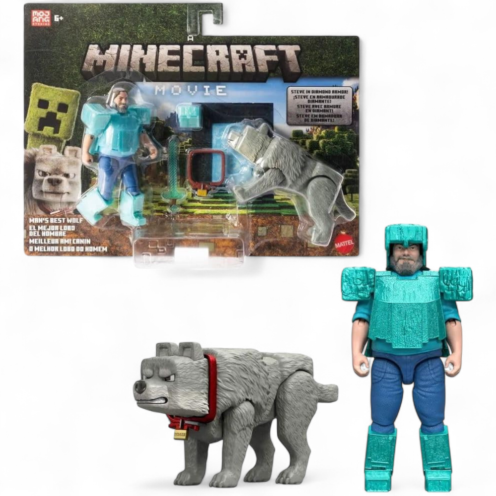 Minecraft Movie - Steve in Diamond Armor & Man's Best Wolf Dennis