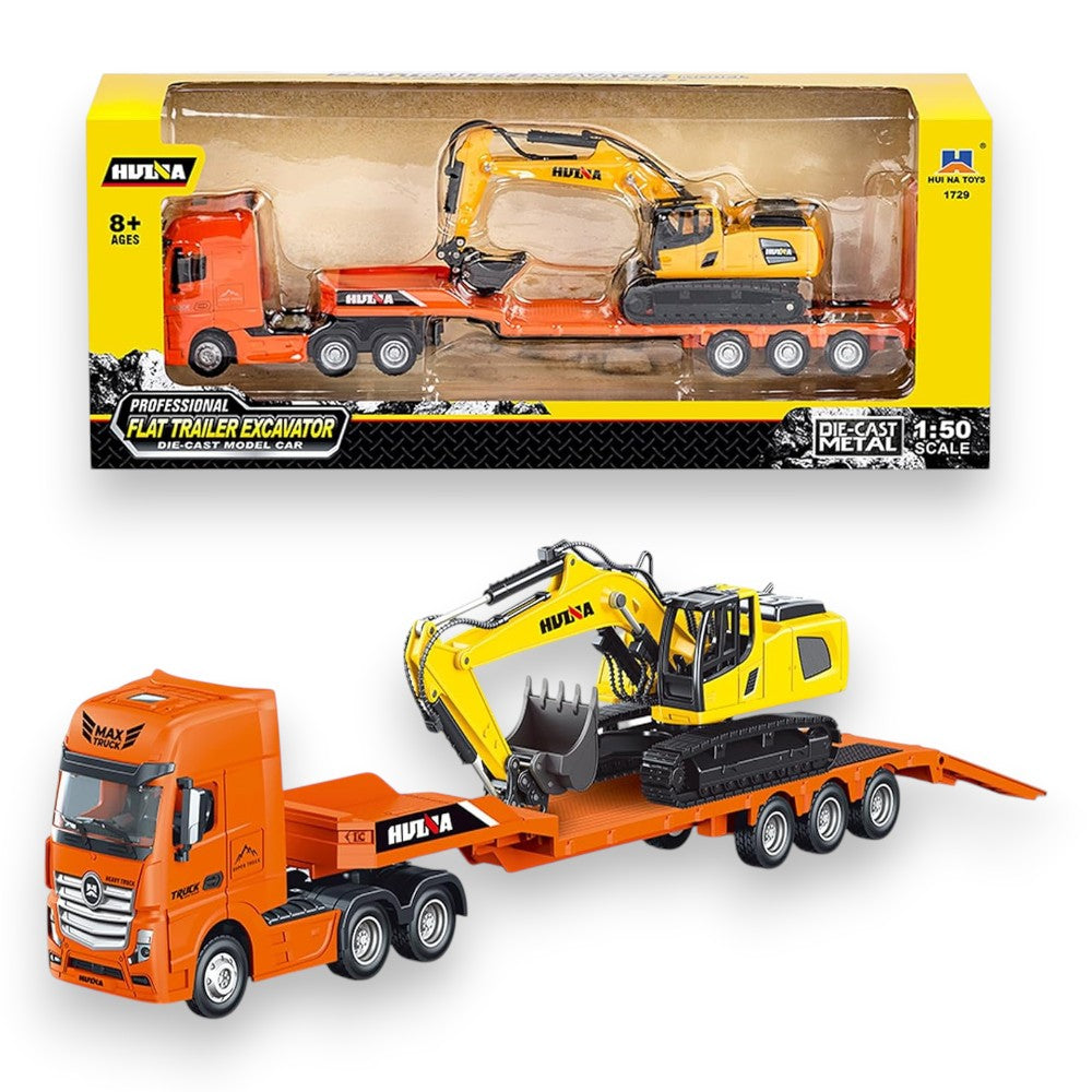 Camión Plataforma con Excavadora Metal - Naranja - 1/50