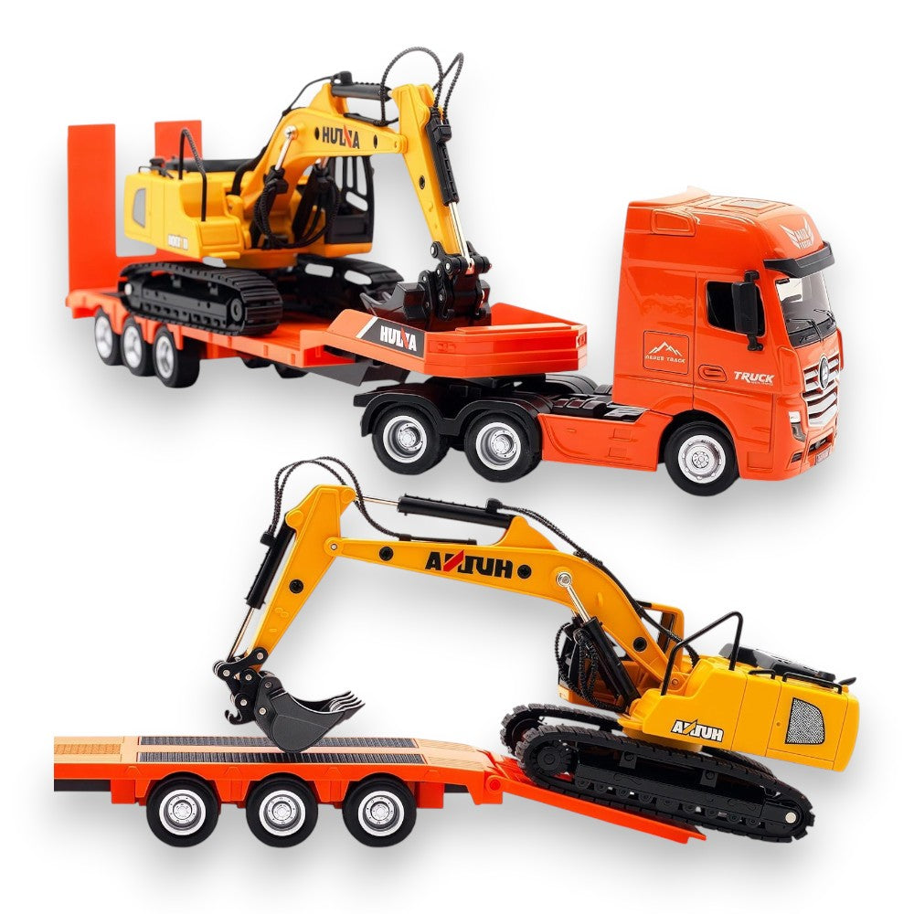 Camión Plataforma con Excavadora Metal - Naranja - 1/50