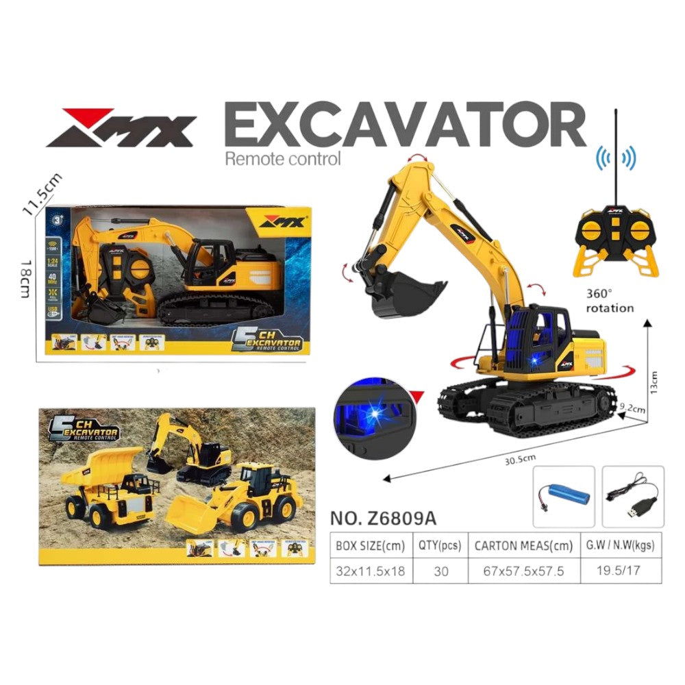 Excavadora Control Remoto Negro Sonido, Luces y Vapor 1/18